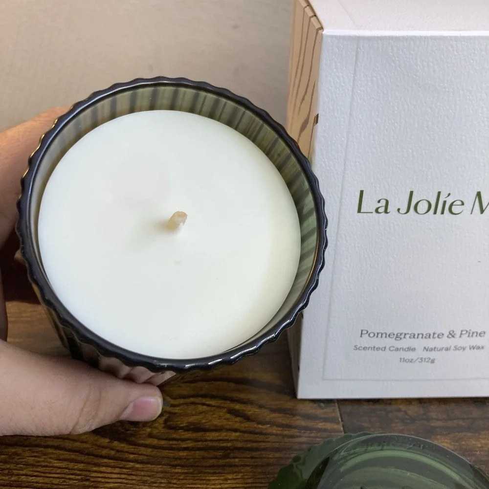 La Jolie Muse Pomegranate and Pine Luxury Soy Wax Candle 11oz‎ Green Glass